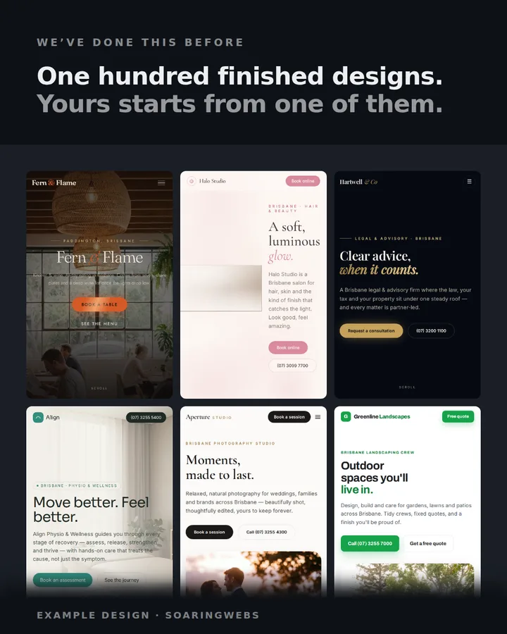 Six of the one hundred finished website designs by Soaringwebs