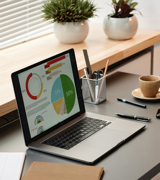 Laptop displaying analytics charts representing digital marketing performance and website design results for small businesses